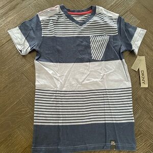 DKNY Navy and Gray Striped V-Neck Tee